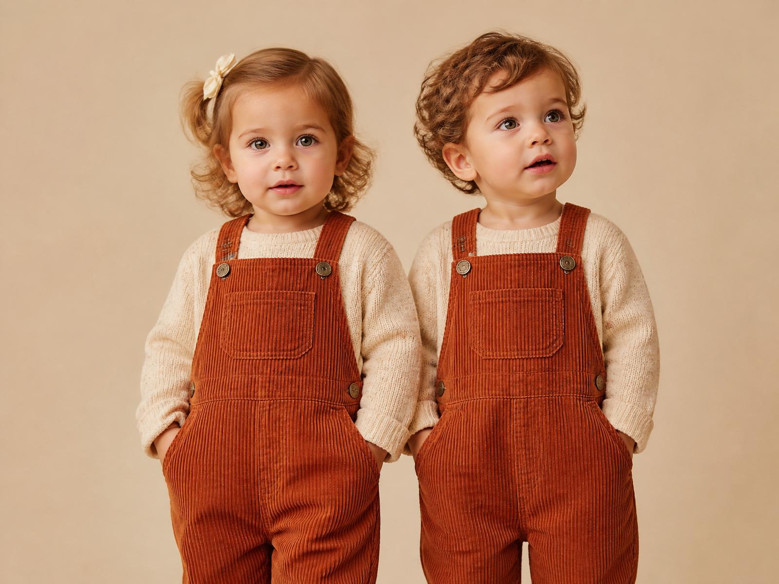 Twin siblings in matching rust corduroy overalls