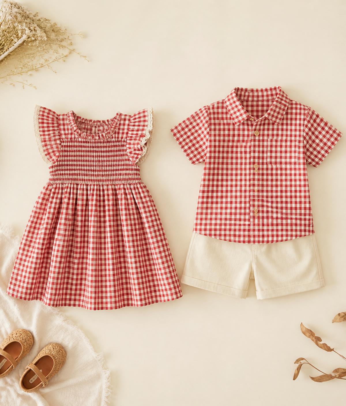 Two matching outfits laid flat